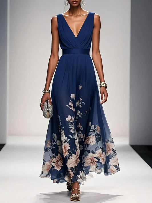 Fleur | Robe Maxi Chiffon Florale Deep V Neck Plissée Sans Manches
