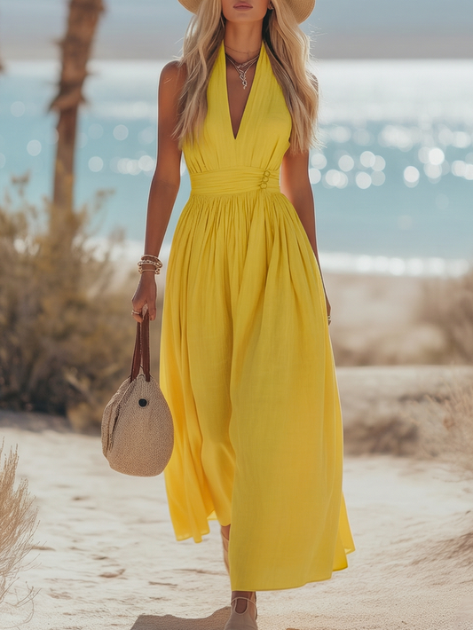 Soleil | Robe Maxi Col Halter Deep V Neck Plissée Dos Nu