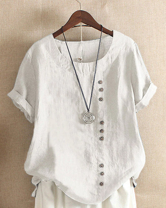 Béatrice | Blouse Lin Col Rond Boutons Manches Courtes Détendue
