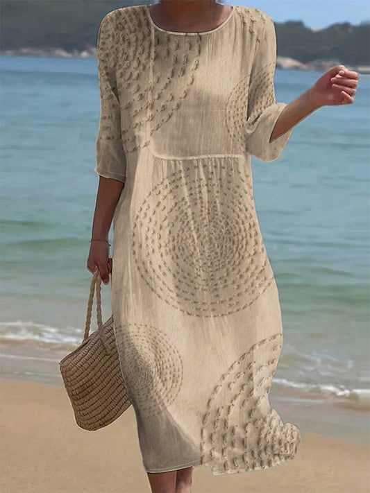 Diane | Robe Midi Boho Imprimé Géométrique Col Rond Manches Longues