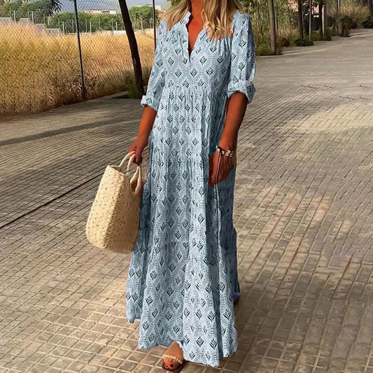 Sabrine | Robe Maxi Boho Imprimé Col V Boutonné Manches Retroussées