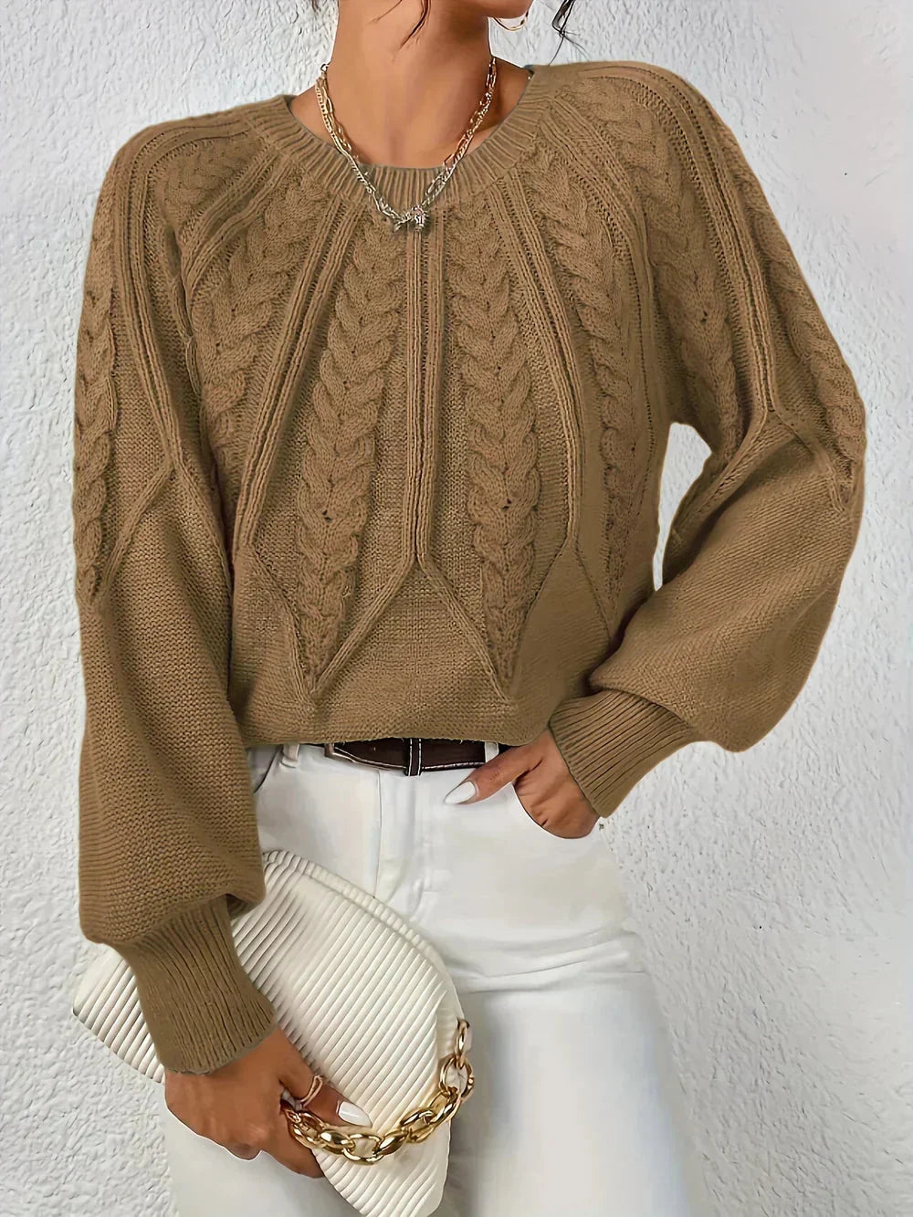Aurielle | Pull Femme en Maille Torsadée Col Rond Manches Ballon