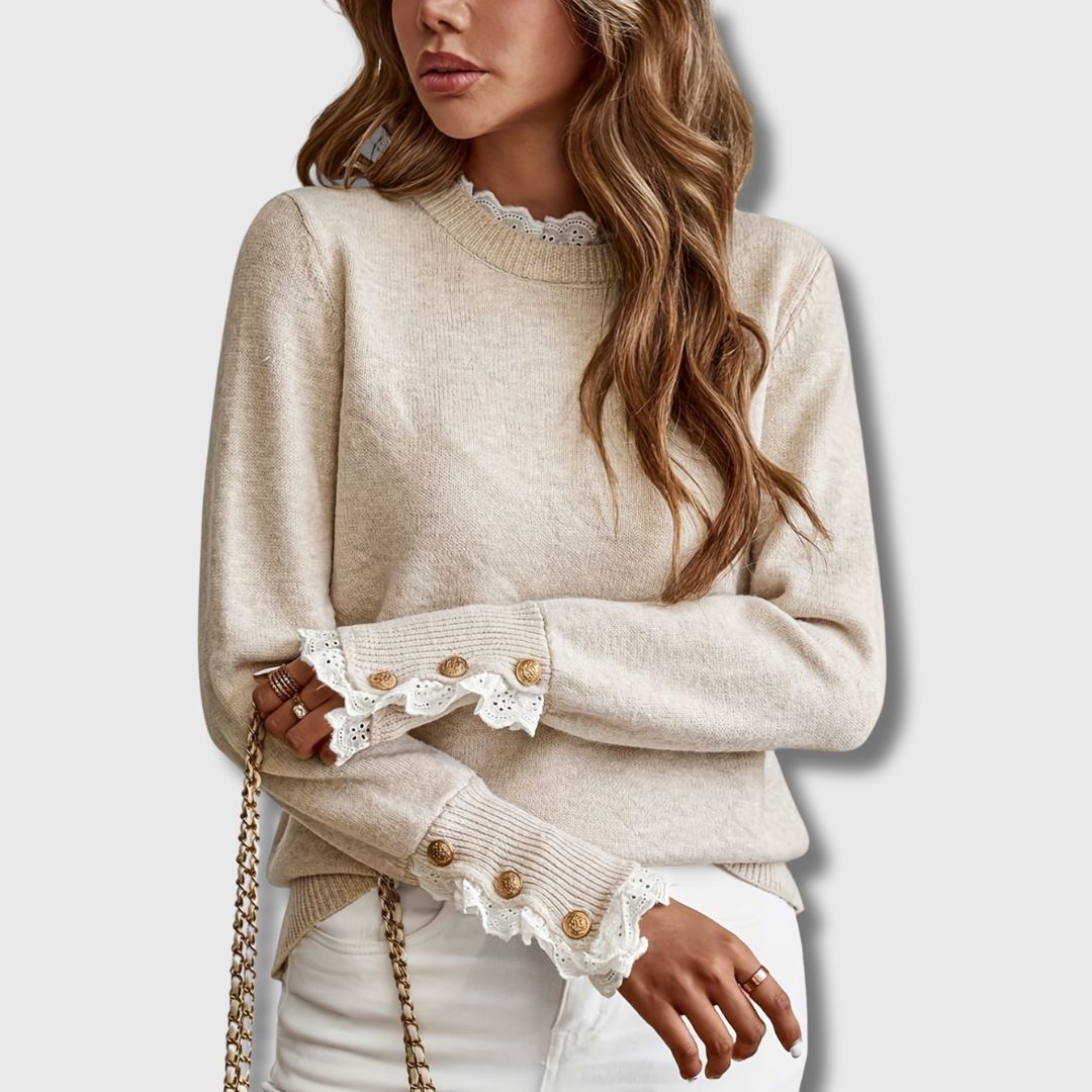 Aveline | Pull Femme en Maille Col Rond à Dentelle et Boutons