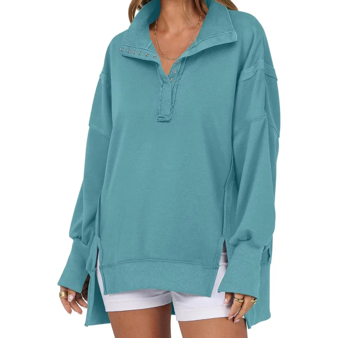 Blanche | Sweat Femme Oversize à Boutons Col Montant avec Fente Latérale