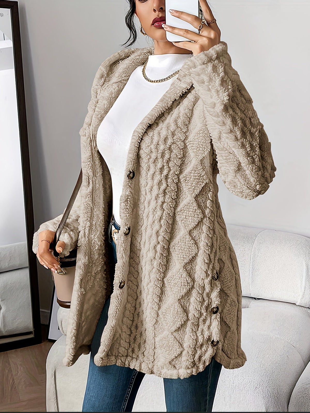 Celestia | Manteau Femme Long en Fausse Fourrure Torsadée à Boutons
