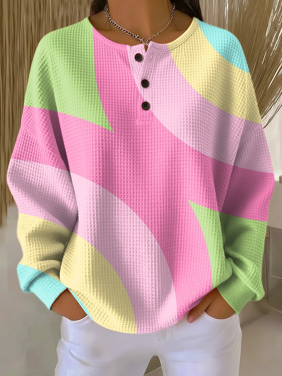 Celia | Pull Femme Oversize Color Block Nid d'Abeille Col Rond à Boutons