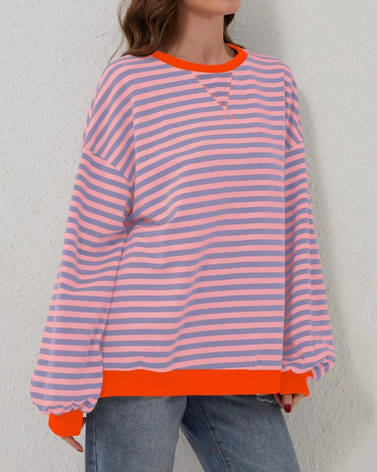 Coraline | Sweat Femme Oversize Rayé Col Rond Bords Contrastants