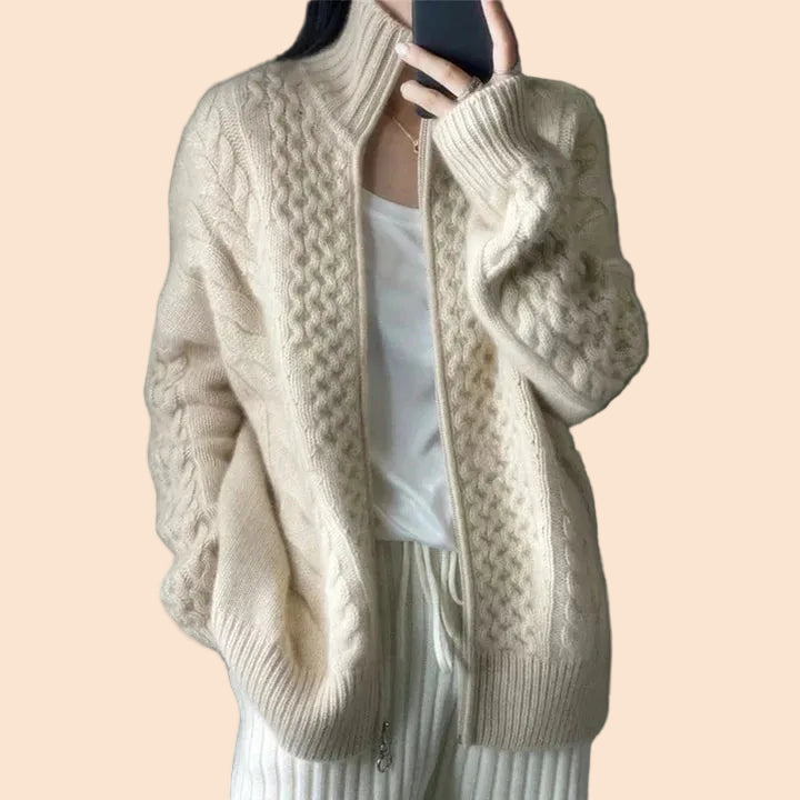 Elaris | Cardigan Femme en Cachemire Torsadé Col Montant à Zip