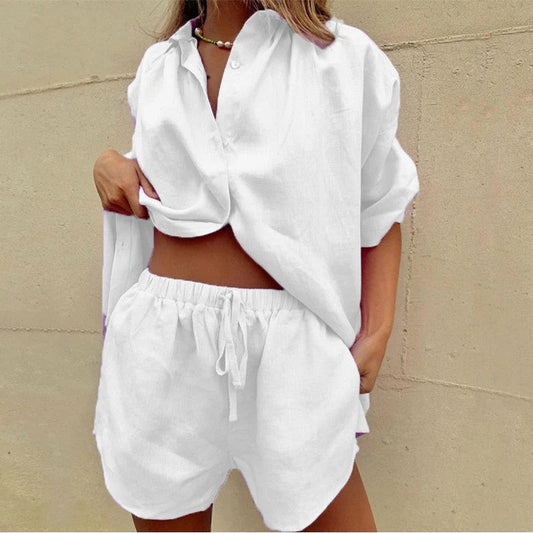 Aveline | Ensemble Deux-Pièces Lin Chemise Boutonnée & Shorts Cordon