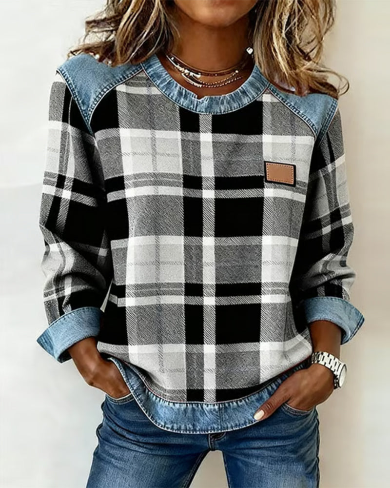 Ivy | Sweat Femme à Carreaux Patchwork Effet Denim Col Rond