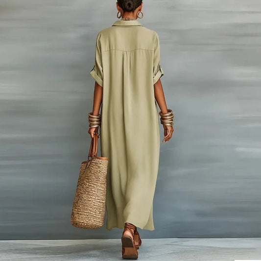 Lucie | Robe Maxi Chemise Lin Boutonnée Manches Retroussées Détendue