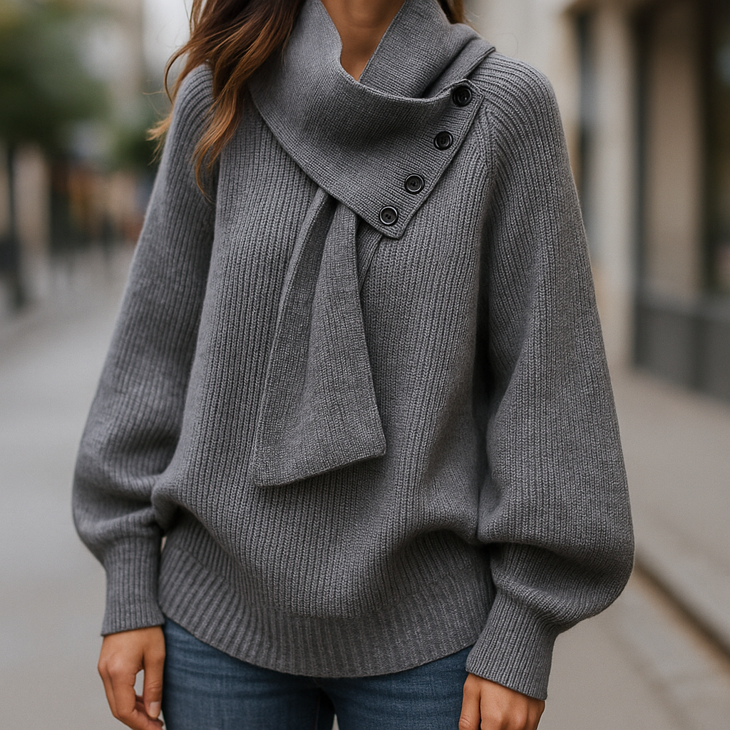 Seraphine | Pull Femme en Maille Oversize Col Châle à Boutons et Écharpe
