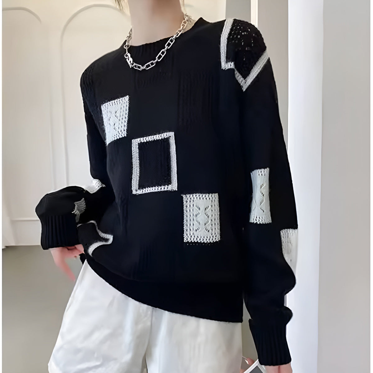 Sylvara | Pull Femme en Maille Patchwork Ajourée Col Rond Oversize