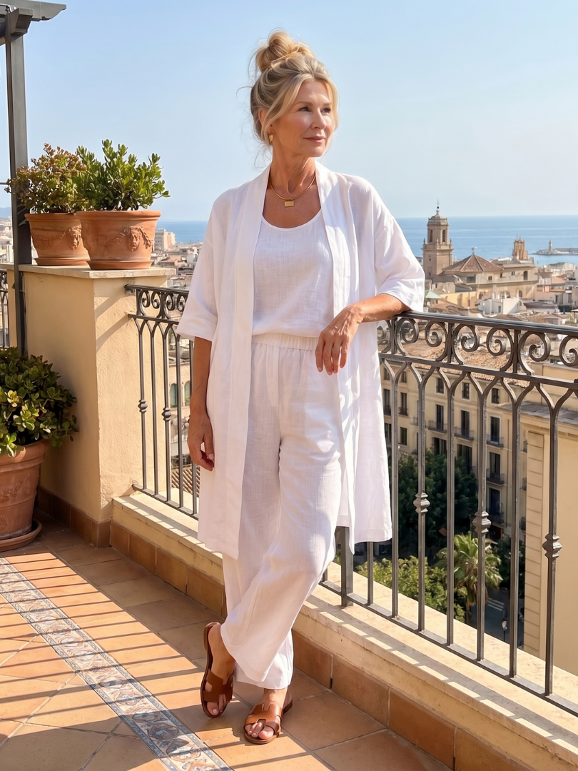 Yael | Ensemble Femme 3 Pièces en Lin Kimono Top et Pantalon Jambe Large