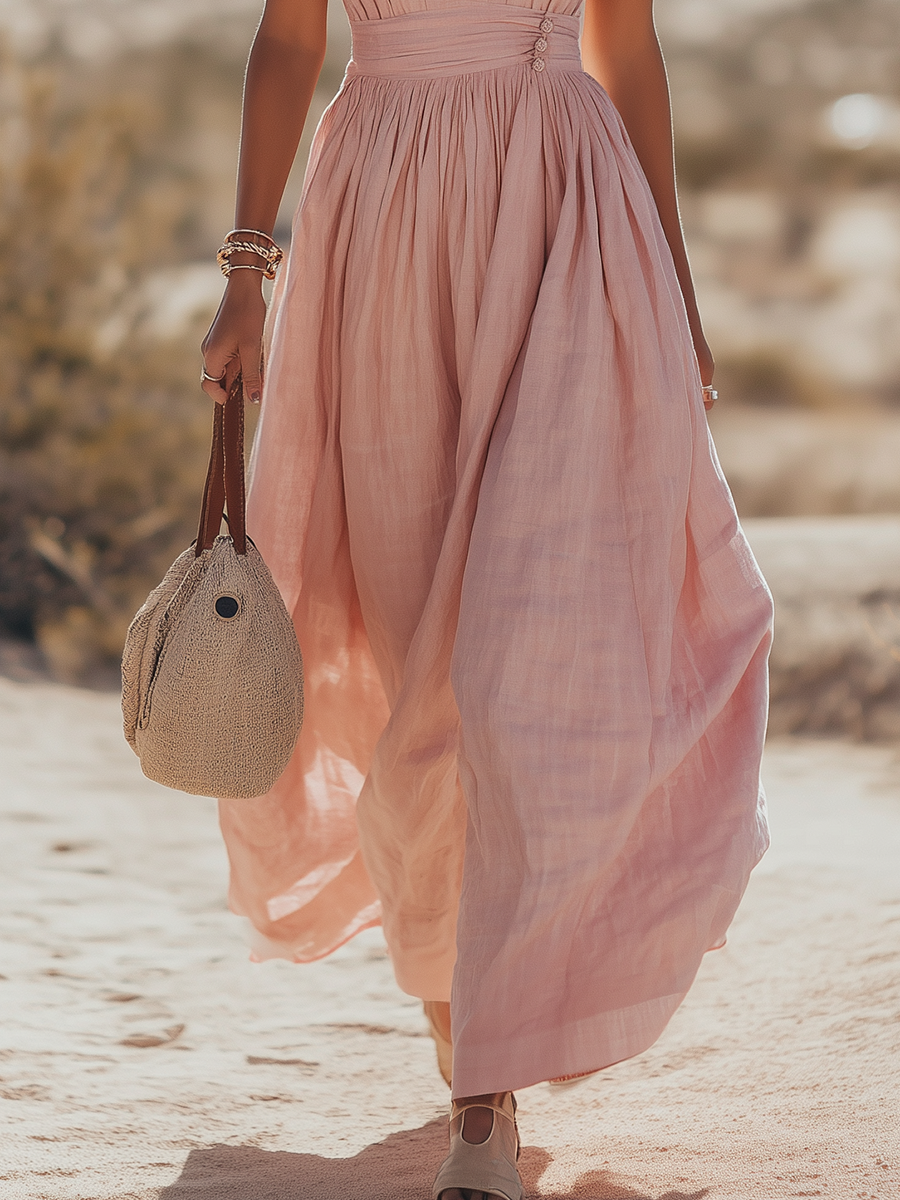 Soleil | Robe Maxi Col Halter Deep V Neck Plissée Dos Nu