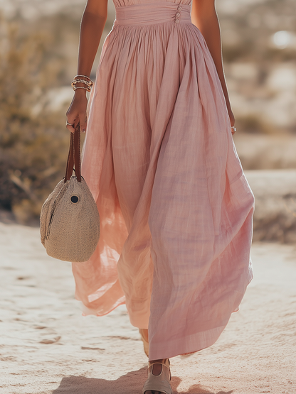 Soleil | Robe Maxi Col Halter Deep V Neck Plissée Dos Nu