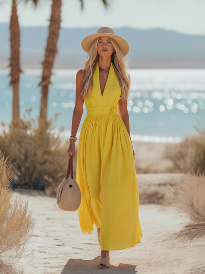 Soleil | Robe Maxi Col Halter Deep V Neck Plissée Dos Nu