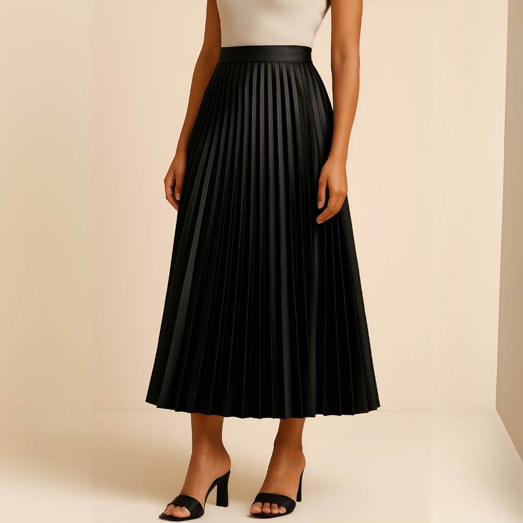 Séverine | Jupe Midi Plissée Taille Haute Élégante en Satin