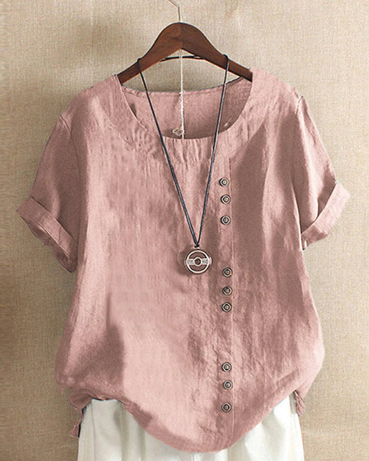 Béatrice | Blouse Lin Col Rond Boutons Manches Courtes Détendue