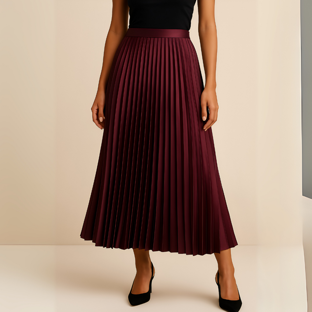 Séverine | Jupe Midi Plissée Taille Haute Élégante en Satin
