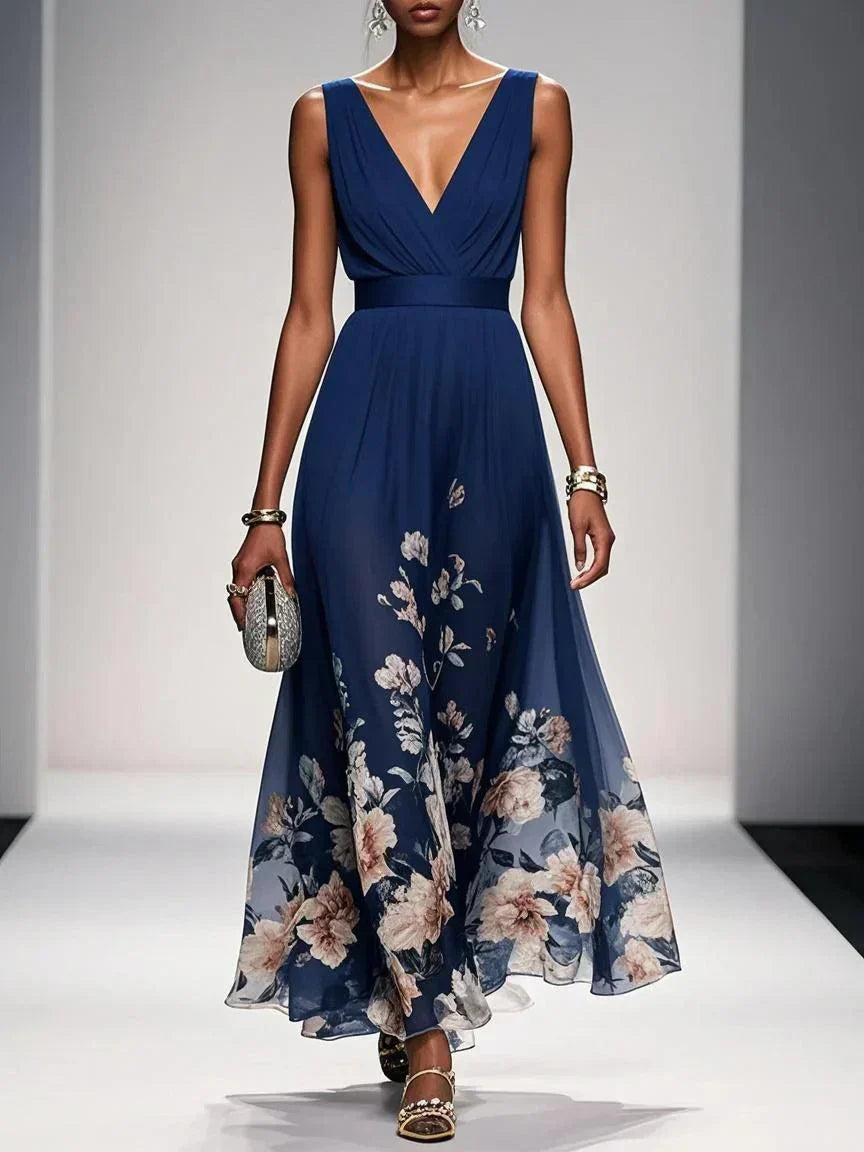 Fleur | Robe Maxi Chiffon Florale Deep V Neck Plissée Sans Manches