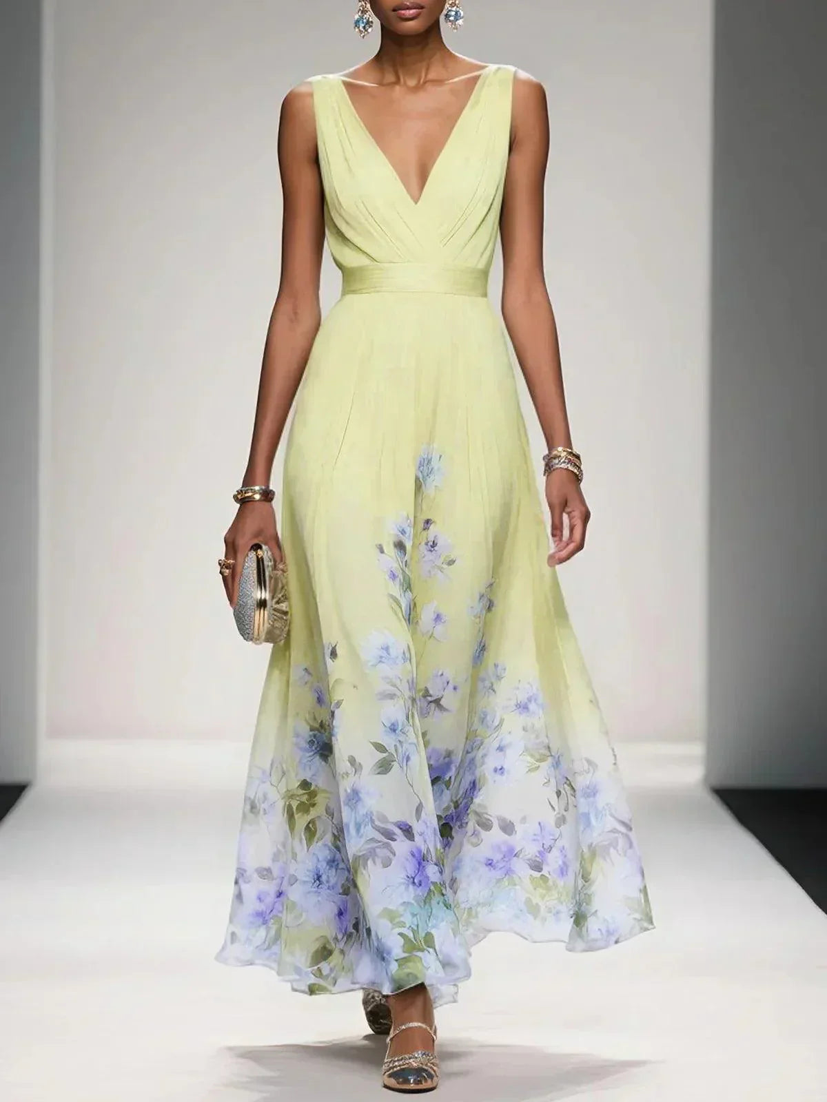 Fleur | Robe Maxi Chiffon Florale Deep V Neck Plissée Sans Manches
