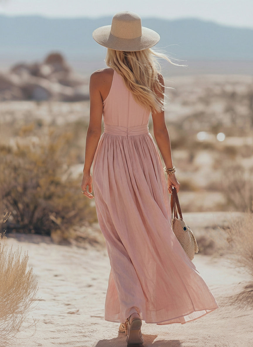 Soleil | Robe Maxi Col Halter Deep V Neck Plissée Dos Nu