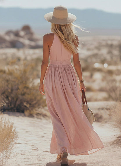 Soleil | Robe Maxi Col Halter Deep V Neck Plissée Dos Nu