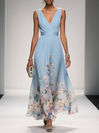 Fleur | Robe Maxi Chiffon Florale Deep V Neck Plissée Sans Manches