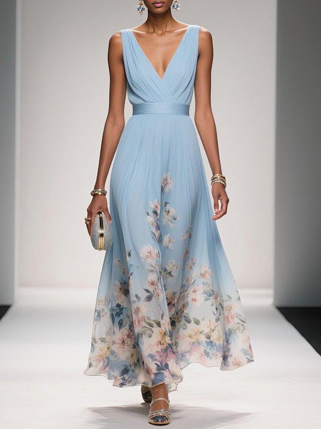 Fleur | Robe Maxi Chiffon Florale Deep V Neck Plissée Sans Manches
