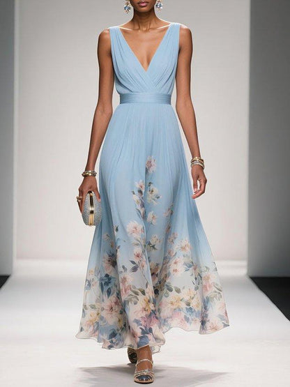 Fleur | Robe Maxi Chiffon Florale Deep V Neck Plissée Sans Manches