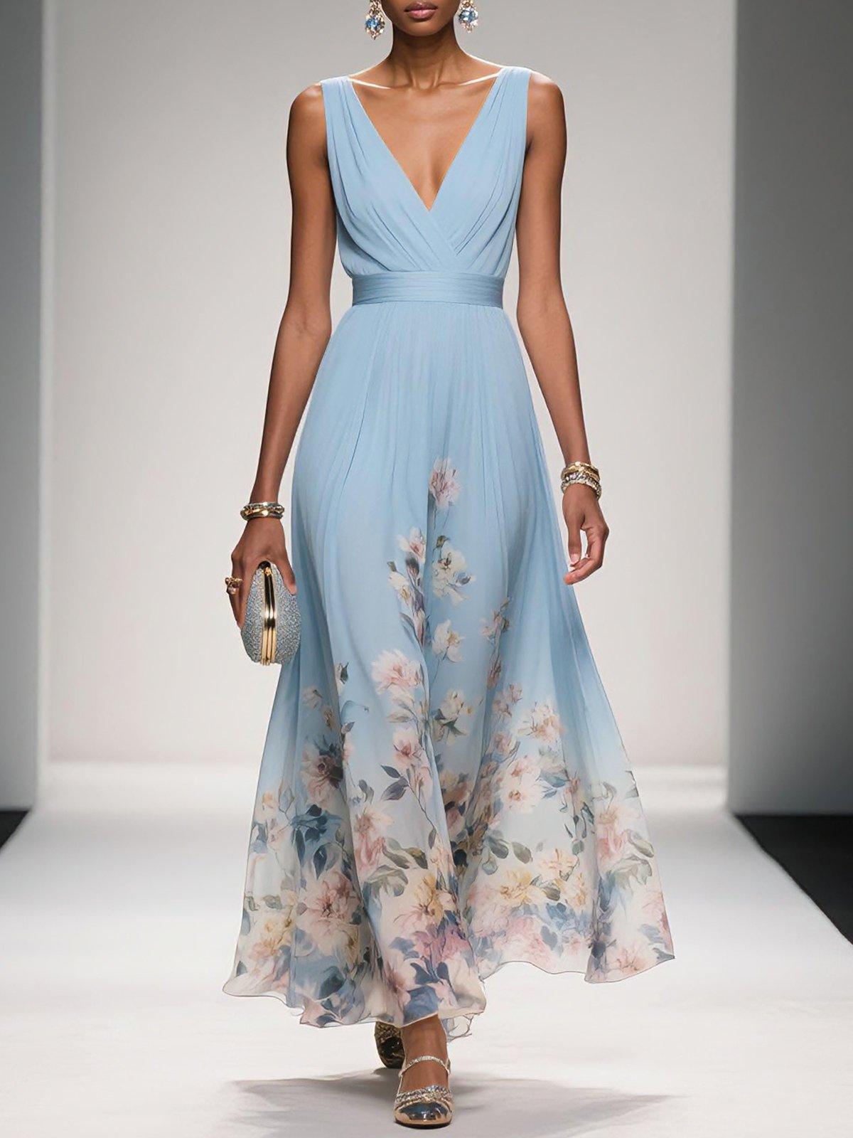 Fleur | Robe Maxi Chiffon Florale Deep V Neck Plissée Sans Manches