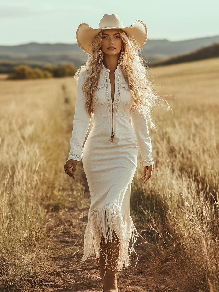 Dakota | Robe Midi Western Bodycon Zip Dentelle Franges Manches Longues