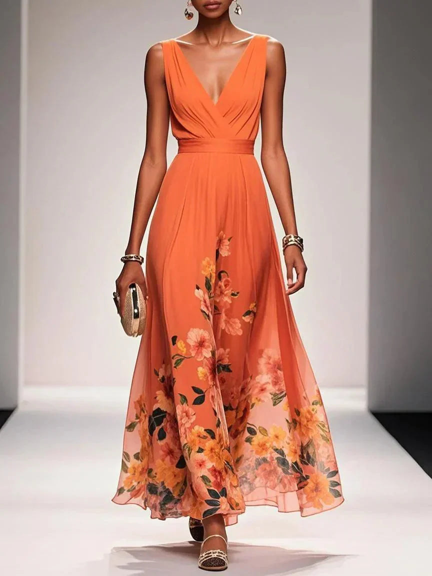 Fleur | Robe Maxi Chiffon Florale Deep V Neck Plissée Sans Manches