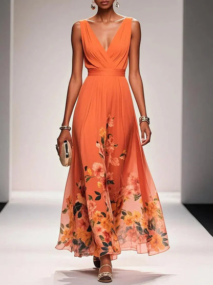 Fleur | Robe Maxi Chiffon Florale Deep V Neck Plissée Sans Manches