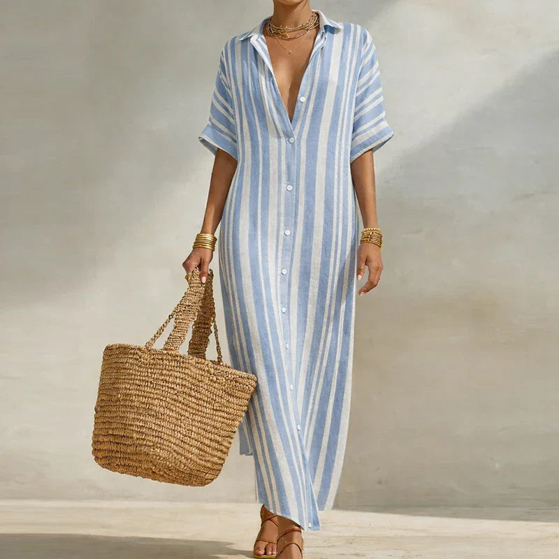 Olivia | Robe Maxi Chemise Lin Rayé Boutonnée Manches Courtes