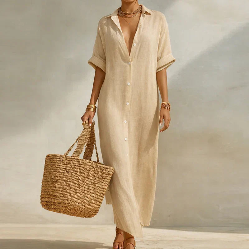 Olivia | Robe Maxi Chemise Lin Rayé Boutonnée Manches Courtes