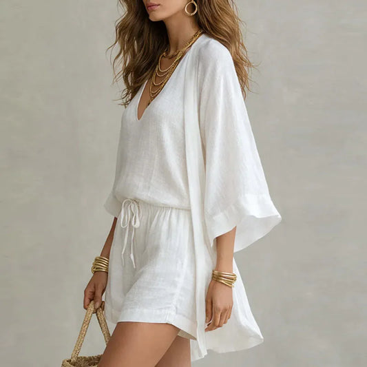 Séréna | Ensemble Trois Pièces Lin Col V Top Shorts & Kimono