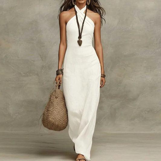 Adèle | Robe Maxi Lin Col Halter Croisé Dos Nu Boho