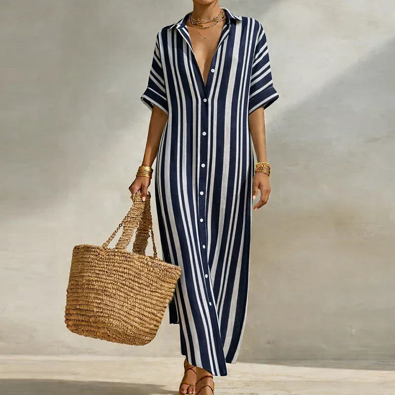 Olivia | Robe Maxi Chemise Lin Rayé Boutonnée Manches Courtes