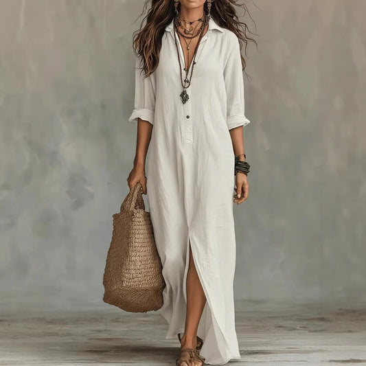 Céleste | Robe Maxi Chemise en Lin Boutonné Manches Longues