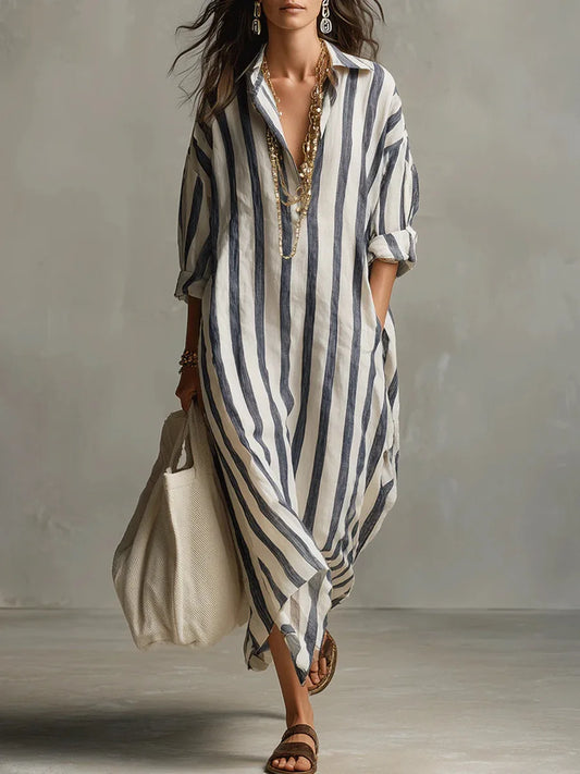 Amélie | Robe Maxi Chemise en Lin Rayé Détendue Manches Longues