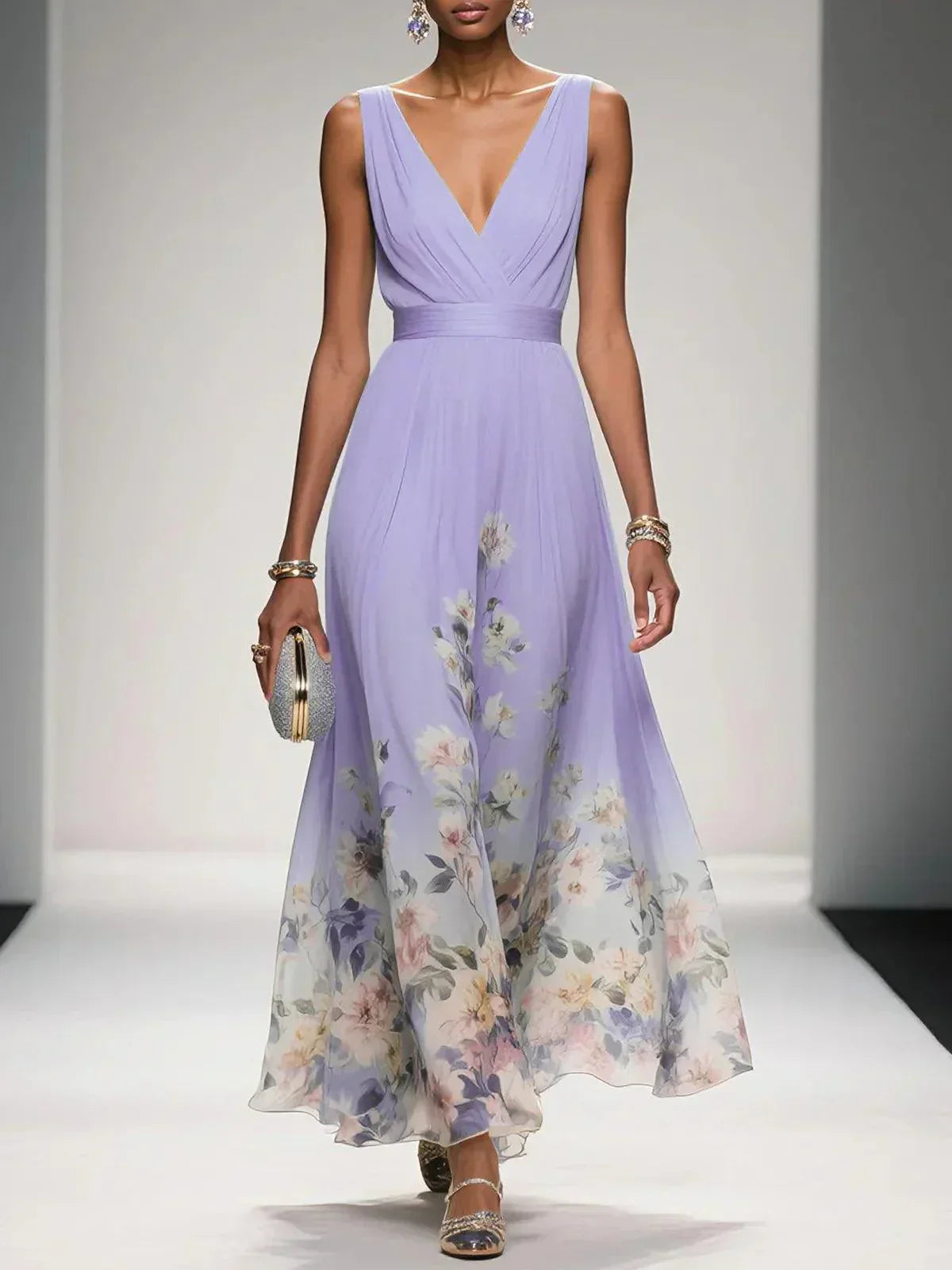 Fleur | Robe Maxi Chiffon Florale Deep V Neck Plissée Sans Manches