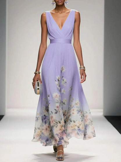 Fleur | Robe Maxi Chiffon Florale Deep V Neck Plissée Sans Manches