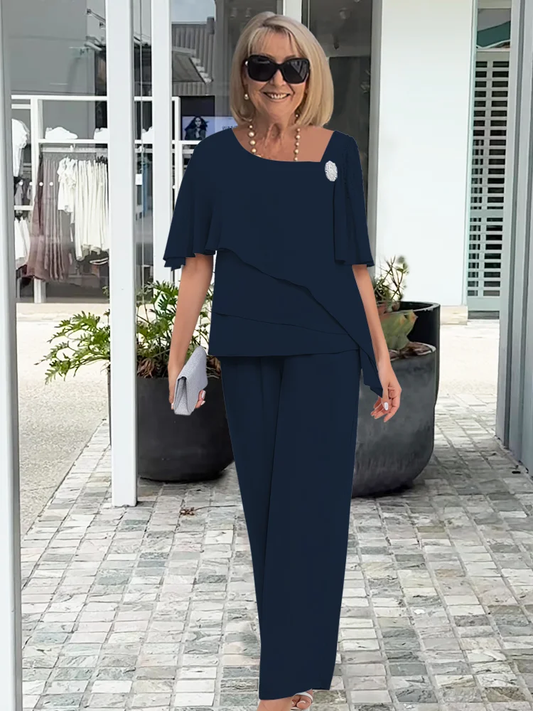 Céleste | Ensemble Deux-Pièces Chiffon Top Volants & Pantalon Large