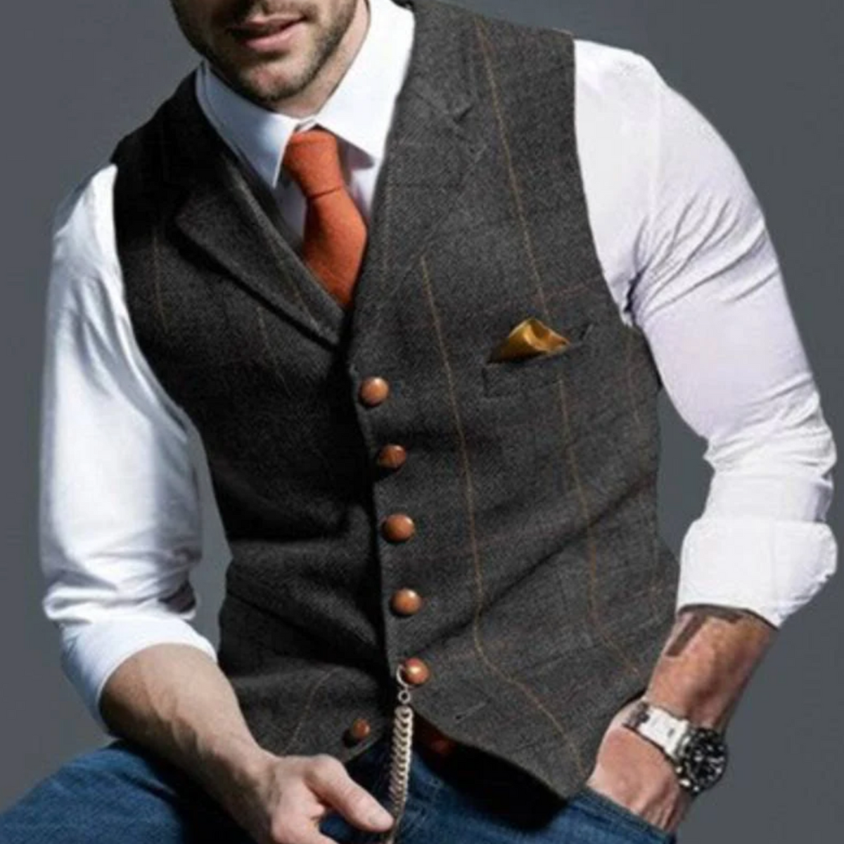 Alain | Gilet Homme en Tweed à Carreaux Coupe Slim à Revers