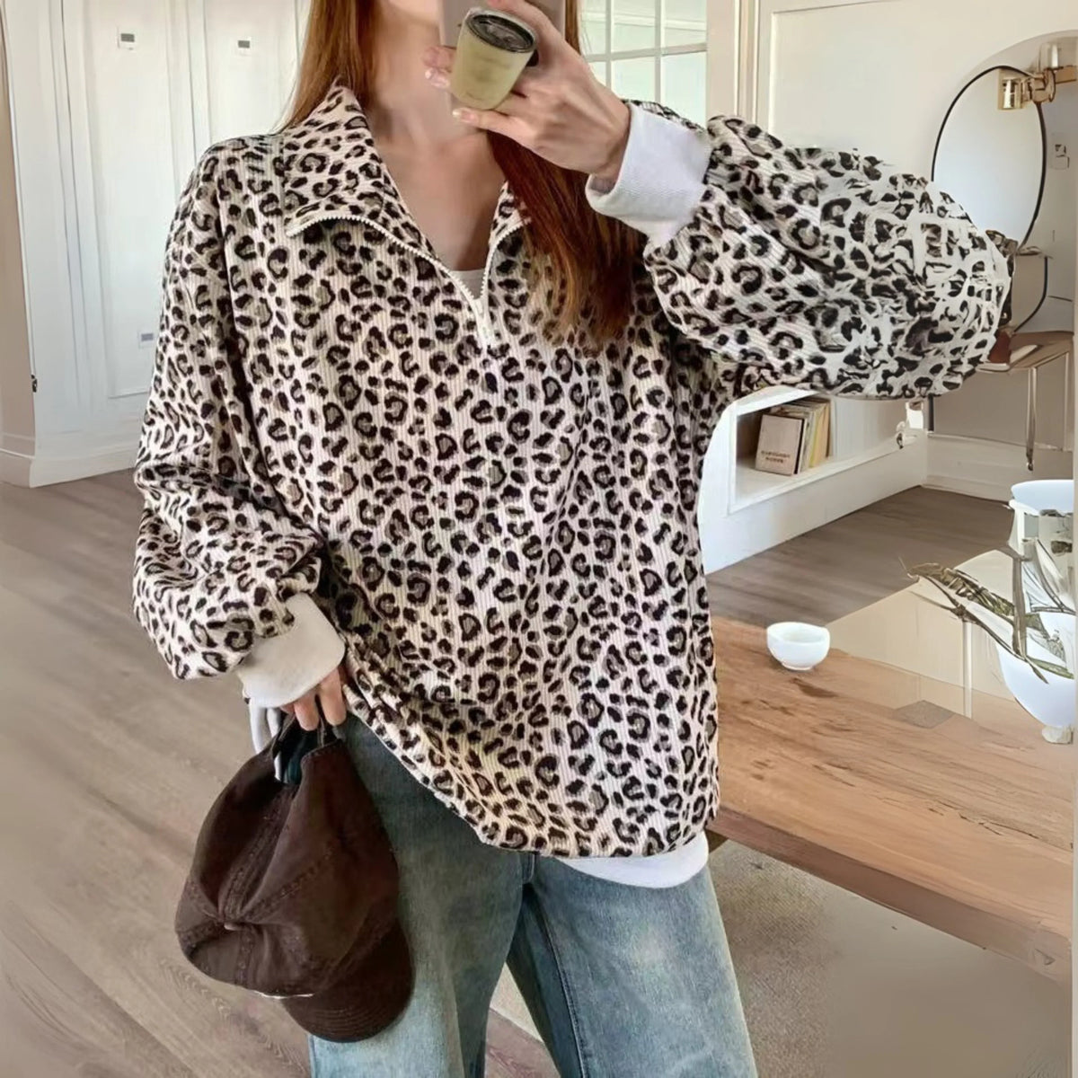 Amandine | Sweat Femme Oversize Léopard Côtelé Demi-Zip à Col