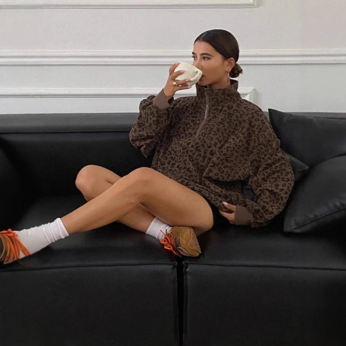 Amandine | Sweat Femme Oversize Léopard Côtelé Demi-Zip à Col
