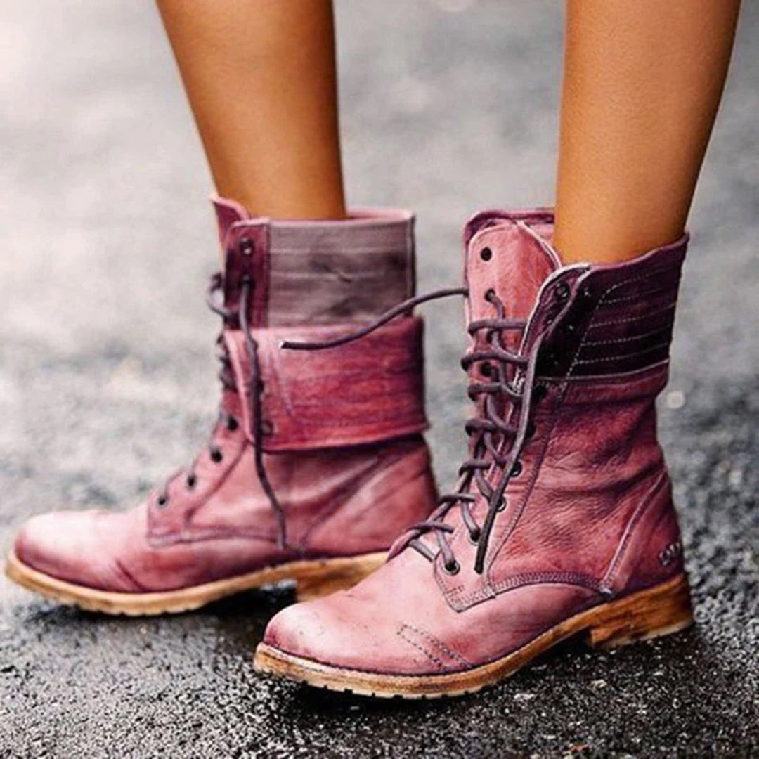 Ambre | Rangers Femme en Cuir Vieilli à Lacets Revers Talon Bas