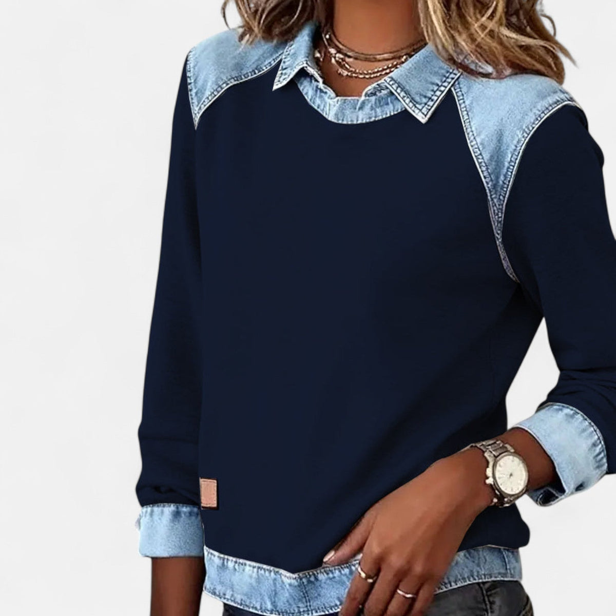 Aurelia | Sweat Femme en Denim Color Block Col Chemise Manches Longues